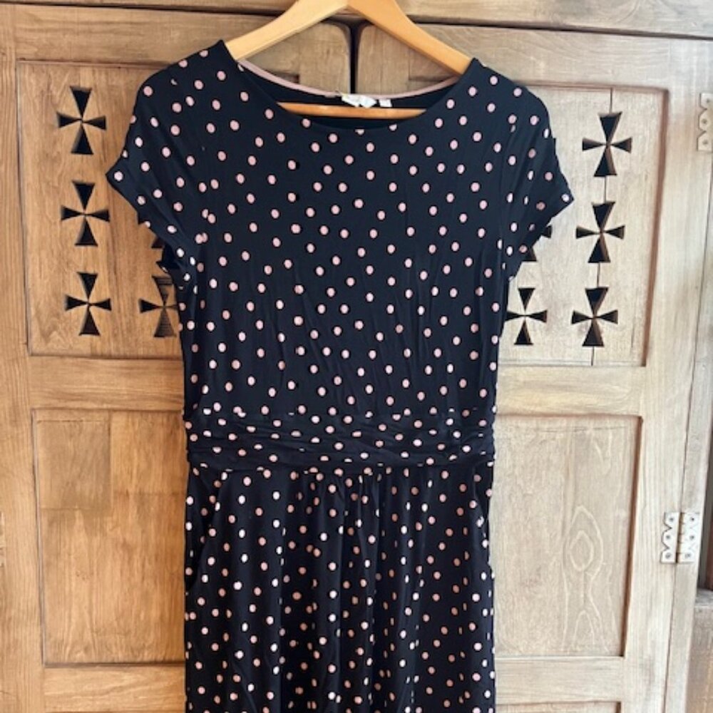 Boden Amelie Dress – Black with Pink Polka Dots – Size 8